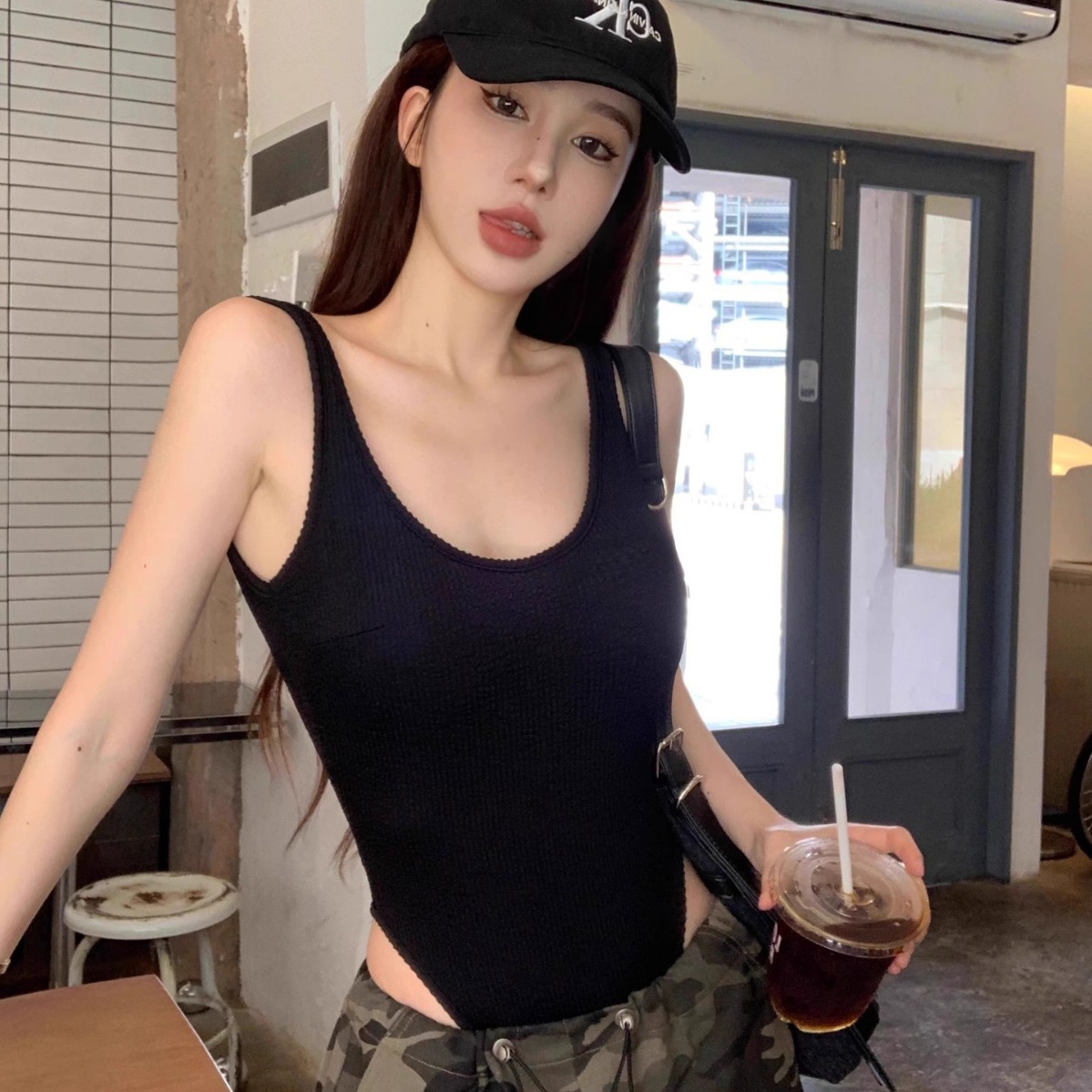 Suspender Tank Top - Black Strappy Bodysuit Sexy Backless Ribbed